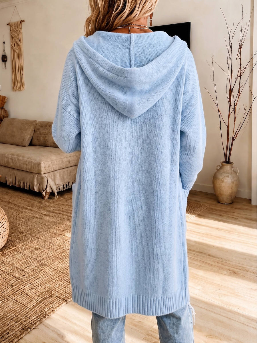 Solid Color Drawstring Hooded Sweatshirt for Women, Loose Drop-Shoulder Long-Sleeve Pullover, Elegant Casual Top, Versatile Autumn/Winter Women's Wear for Home, Office, and Outings - Sky Blue
