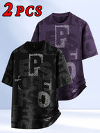2pcs Men's Short Sleeve T-Shirts, Summer Fashion All-Over Print Short Sleeve Tees, Loose Fit Letter Print Stretch Short Sleeve Sport Tops, Youth Crew Neck Breathable Trendy T-Shirts, Suitable for Daily Wear, College, Street, and Sporty Outfits - 2 pieces - purple + black