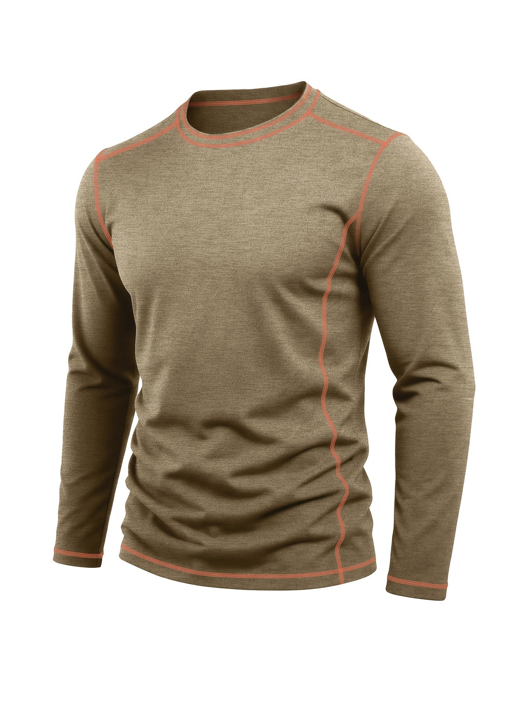Men's Retro Patchwork T-Shirt - Solid Color Base with Contrast Patch Suitable for Fall/Winter, Round Neck Long Sleeve Casual Layering Top, Machine Washable Blending Shirt for Outdoor & Casual Attire (Regular Fit) - Khaki