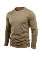 Men's Retro Patchwork T-Shirt - Solid Color Base with Contrast Patch Suitable for Fall/Winter, Round Neck Long Sleeve Casual Layering Top, Machine Washable Blending Shirt for Outdoor & Casual Attire (Regular Fit) - Khaki