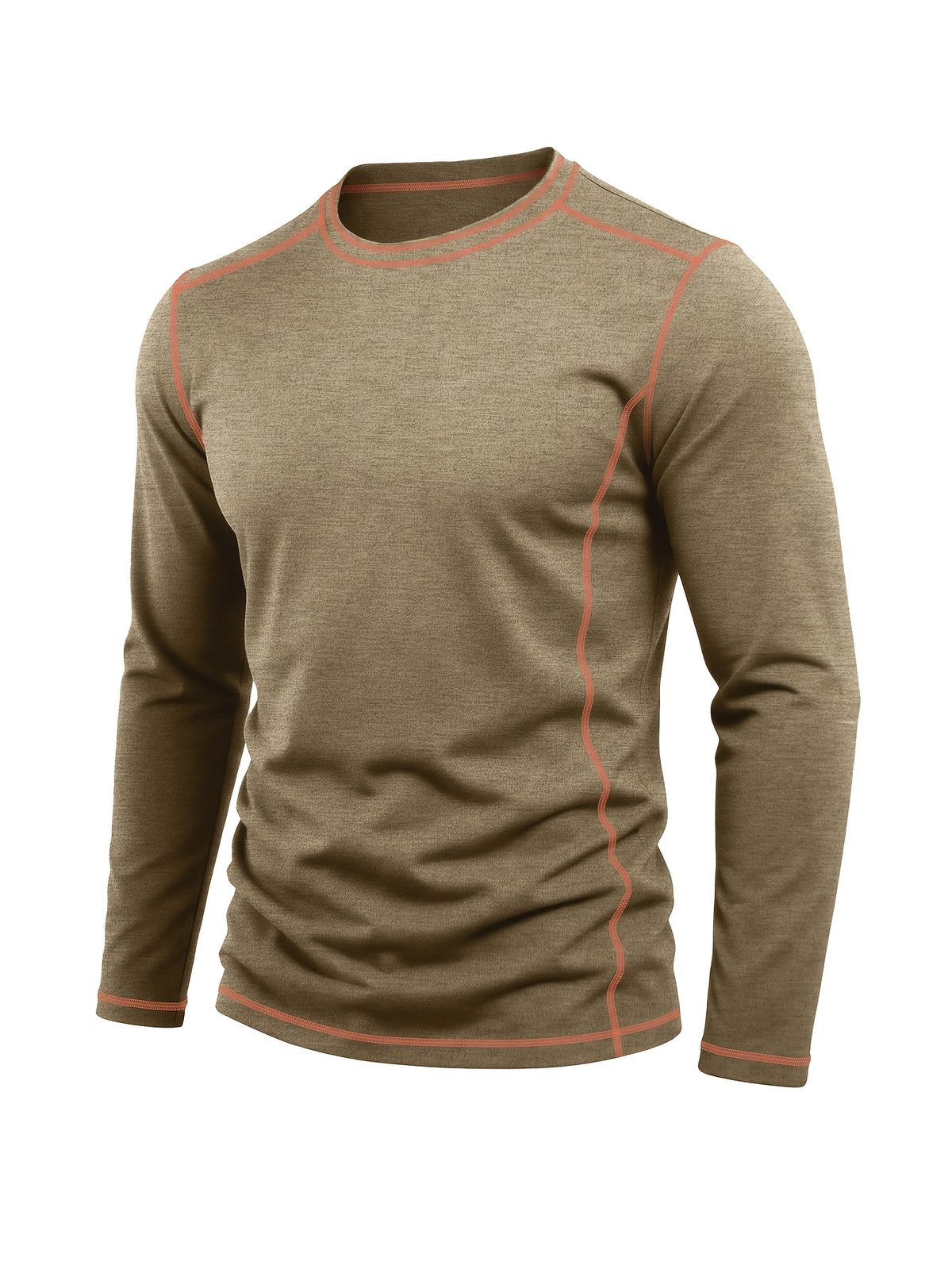 Men's Retro Patchwork T-Shirt - Solid Color Base with Contrast Patch Suitable for Fall/Winter, Round Neck Long Sleeve Casual Layering Top, Machine Washable Blending Shirt for Outdoor & Casual Attire (Regular Fit) - Khaki