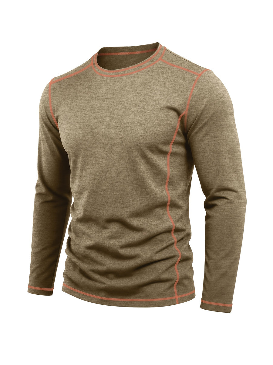 Men's Retro Patchwork T-Shirt - Solid Color Base with Contrast Patch Suitable for Fall/Winter, Round Neck Long Sleeve Casual Layering Top, Machine Washable Blending Shirt for Outdoor & Casual Attire (Regular Fit) - Khaki