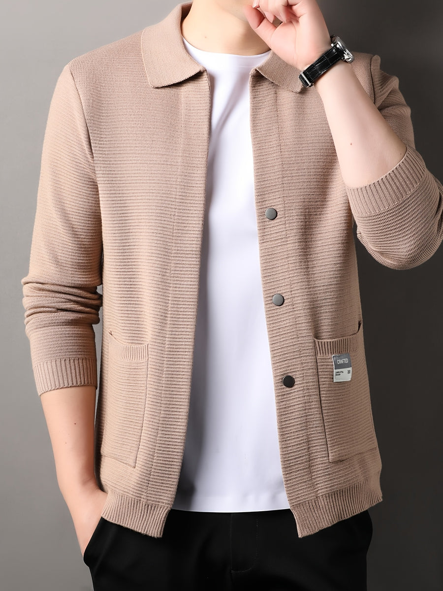 [Wading Whale OBM] Spring/Summer New Men'S Knit Cardigan, Old Money Style Solid Color Lapel Long Sleeve Open Front Sweater Jacket with Single Button Closure And Side Pockets, Suitable for Spring And Autumn Layering Or Outerwear - Light Beige