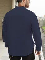 Men'S Solid Color Stand-Collar Linen Long Sleeve (2pcs Set), Breathable And Comfortable, Suitable for Spring And Autumn - White + Navy Blue