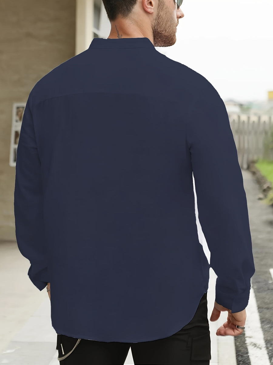 Men'S Solid Color Stand Collar Linen Long Sleeve (2-Pc), Breathable And Comfortable, Suitable for Spring And Autumn Wear - White + Navy Blue