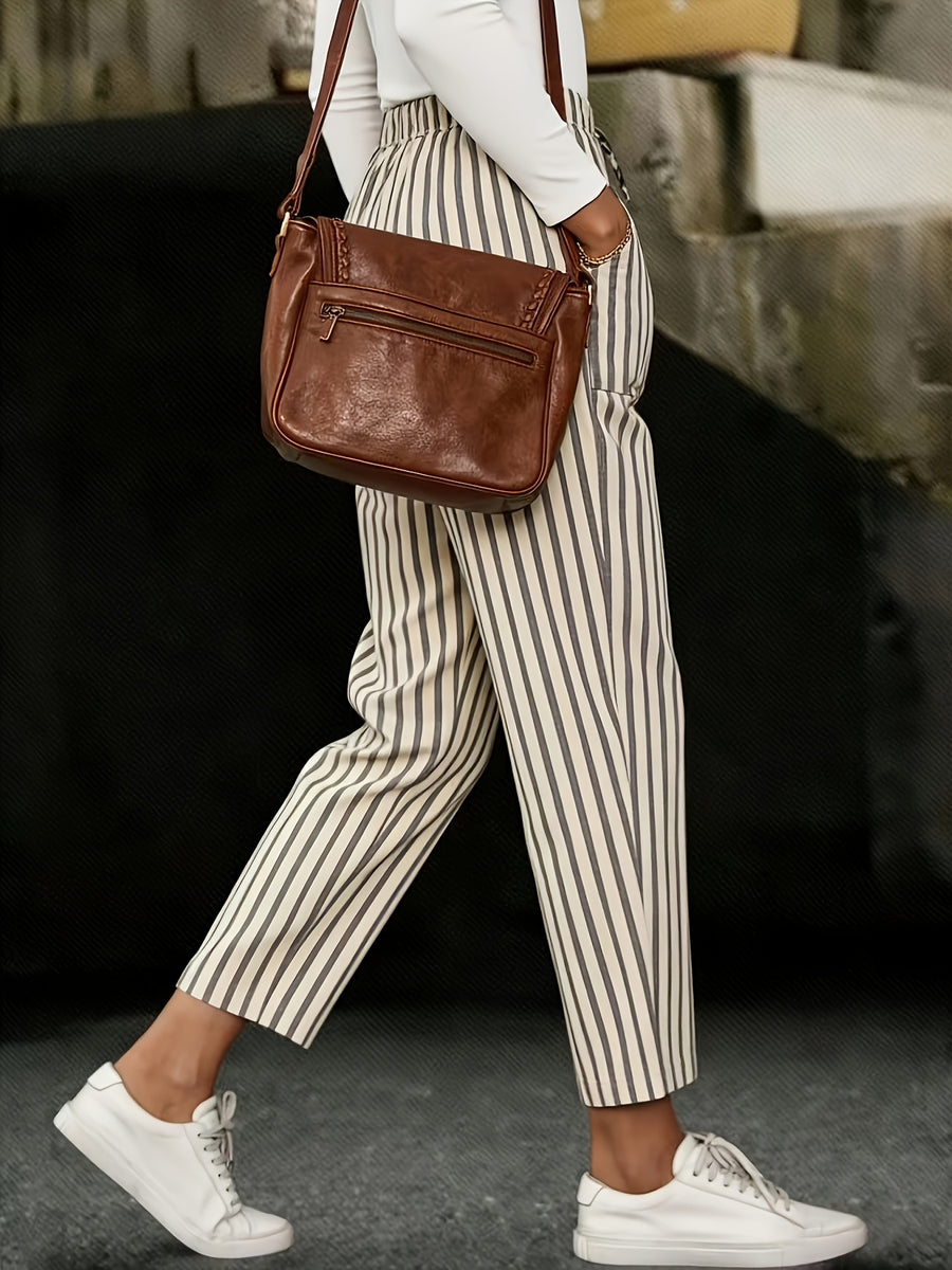 Women'S Striped Print Straight-Leg Cropped Trousers, Casual Lace-Up Elastic Waist Loose Pants - Multicolor