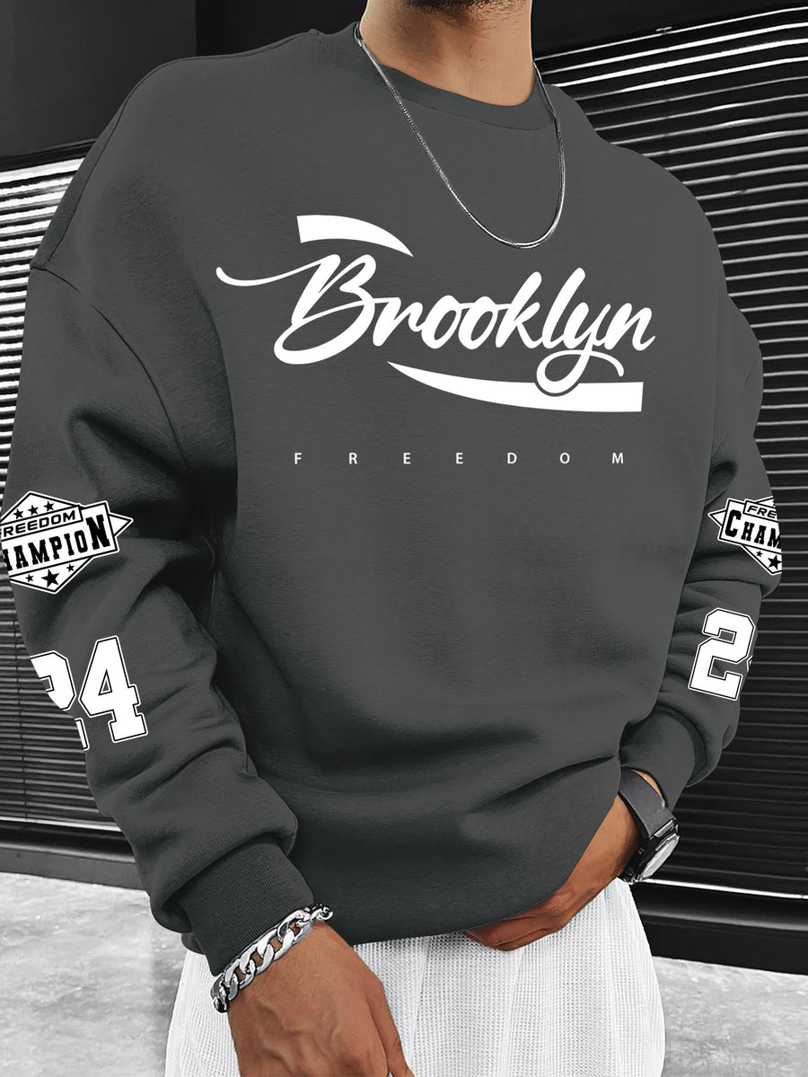 Men'S Fashion Casual "Brooklyn Victory" Letter Print Sweatshirt, Polyester Fabric, Loose Fit, Versatile Men'S Sweatshirt - Slate Grey