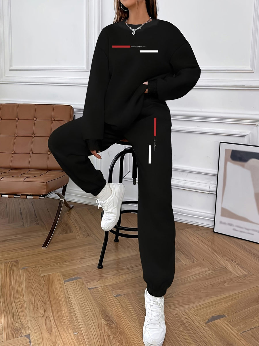 Halloween Christmas Autumn Winter New Style: Women'S Exquisite Casual Sports Fleece Sweatshirt 2pcs Set, Easy Cool Printed Theme Pattern - Comfortable Round Neck Sports Top And Joggers with Side Pockets - Black