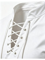 2026 New Men'S Stand Collar Cross-Strap Long Sleeve Shirt, Unique Cross-Strap Neckline Design Eye-Catching, Chest Repeating Letter Cartoon Print Trendy Individual, All-Season Wearable Inner Layer, Commute And Casual Versatile Top - White