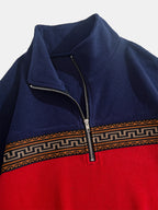 Men'S Fleece Ethnic Style Webbing Color Block Stand-Up Collar Sweatshirt Warm Casual Jacket - Red