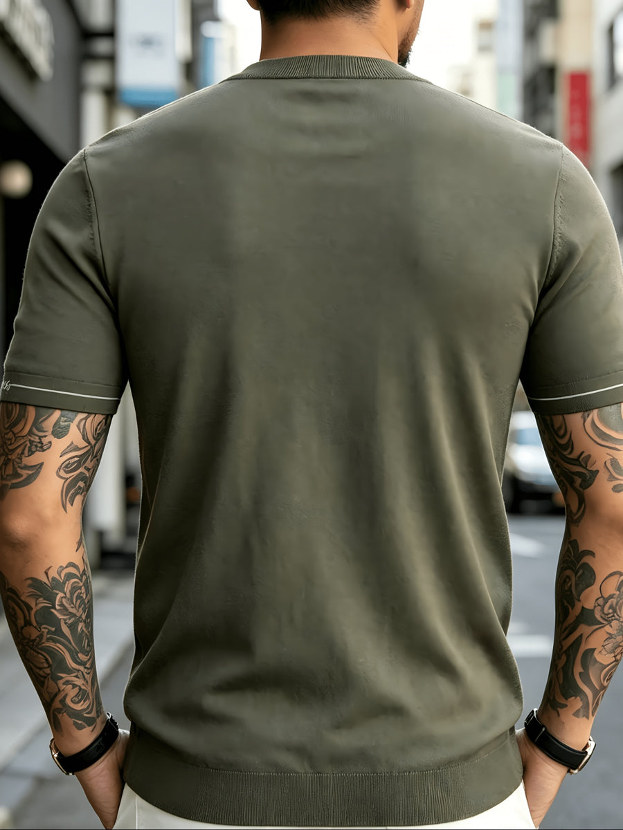 Men' Summer Short-Sleeve Knit Shirt with White-Trimmed Cuff - Stretchable Round Neck -Compatible Suitable for Urban Streetwear & Business Casual, Solid Color Multi-Color Tunic Top for Commuting and Office Wear - Autumn Bamboo Green