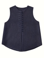 2026 New Women's Spring/Autumn New Chinese-Style Vintage Elegant Casual Solid Color Soft Sweater Vest Outerwear Jacket - Navy Color