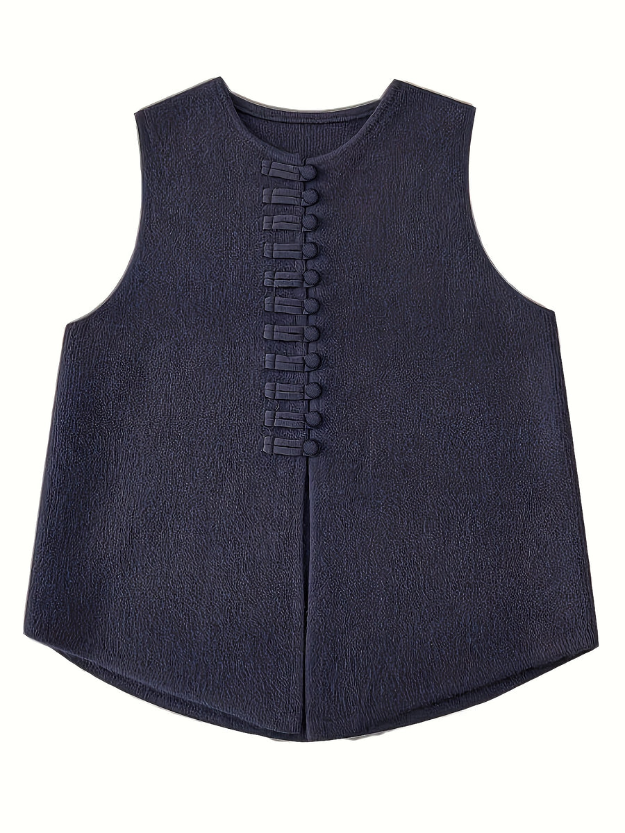 2026 New Women's Spring/Autumn New Chinese-Style Vintage Elegant Casual Solid Color Soft Sweater Vest Outerwear Jacket - Navy Color