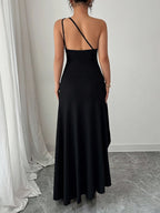 Elegant Fashion New Solid Color Off-Shoulder Sleeveless Waist-Cinching Sexy Slit Hip-Revealing Backless Evening Party Long Dress ZLLZ - Black