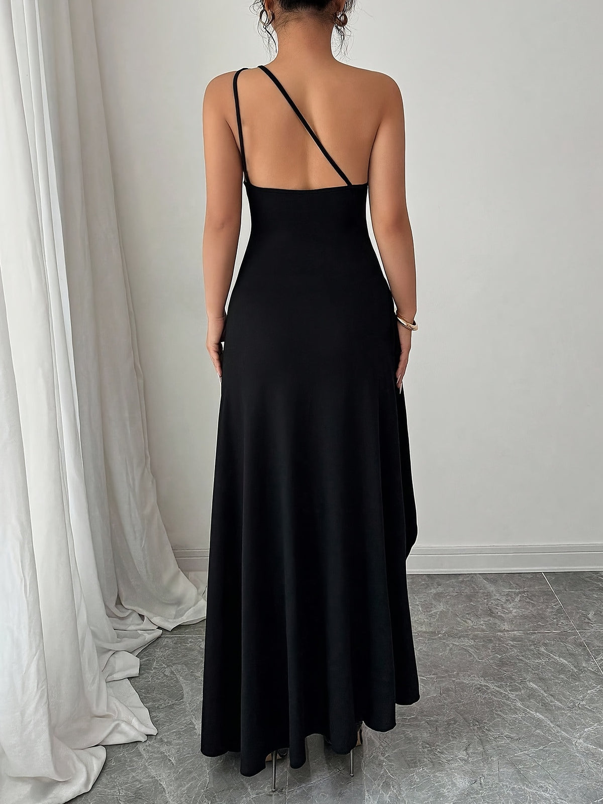 Elegant Fashion New Solid Color Off-Shoulder Sleeveless Waist-Cinching Sexy Slit Hip-Revealing Backless Evening Party Long Dress ZLLZ - Black