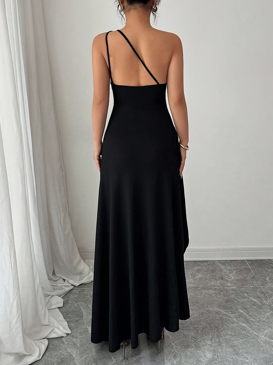 Elegant Fashion New Solid Color Off-Shoulder Sleeveless Waist-Cinching Sexy Slit Hip-Revealing Backless Evening Party Long Dress ZLLZ - Black
