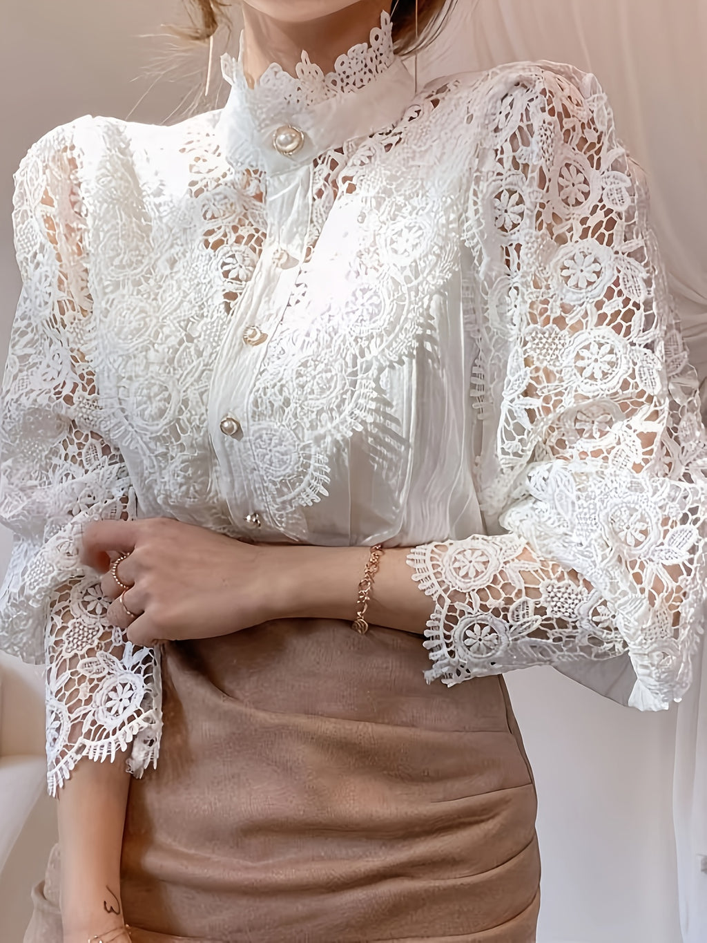 European and American Women's Lace Shirt, Daily Elegant Fashion Button- Blouse with Stand Collar - White