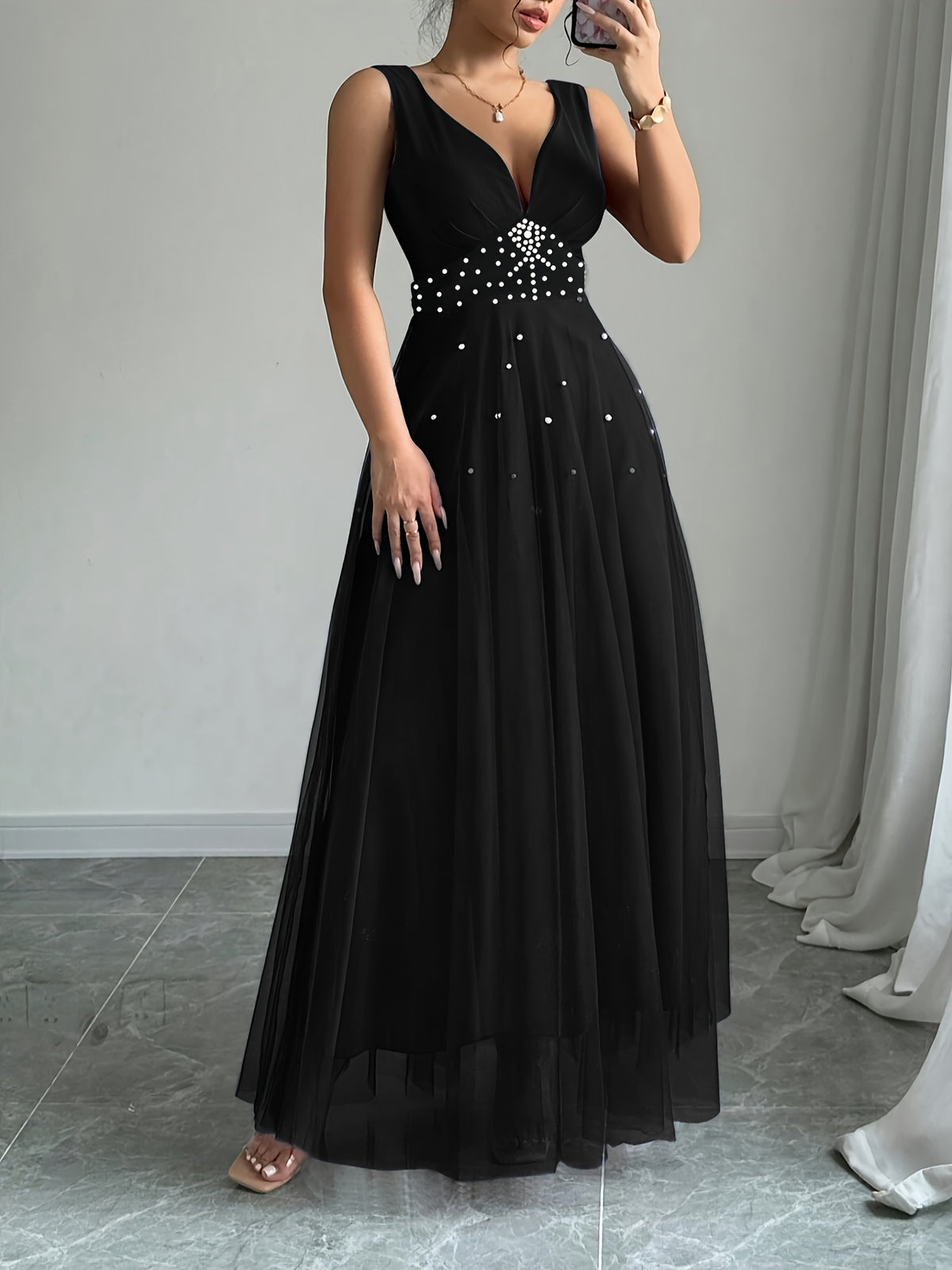Summer Women'S Elegant Dress Mesh Stitching White Bubble Bead Multi-Layer Super Large Swing Sleeveless Summer Long Evening Dress Suitable for Party Dinner Wedding Wear Elegant Dress Wedding Party Dress - Black