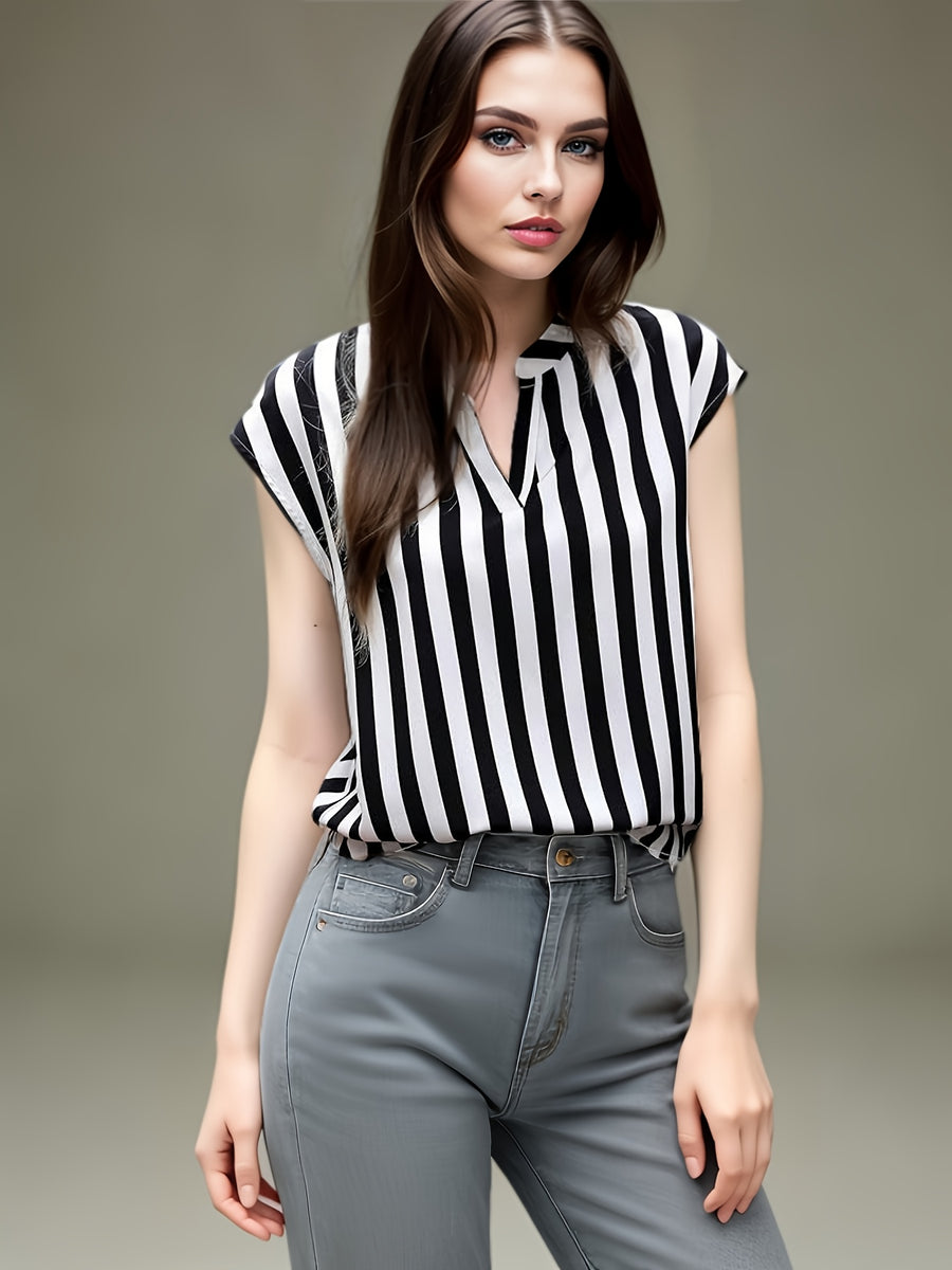 Stripe Pattern Notch Neck Batwing Sleeve Shirt - Black