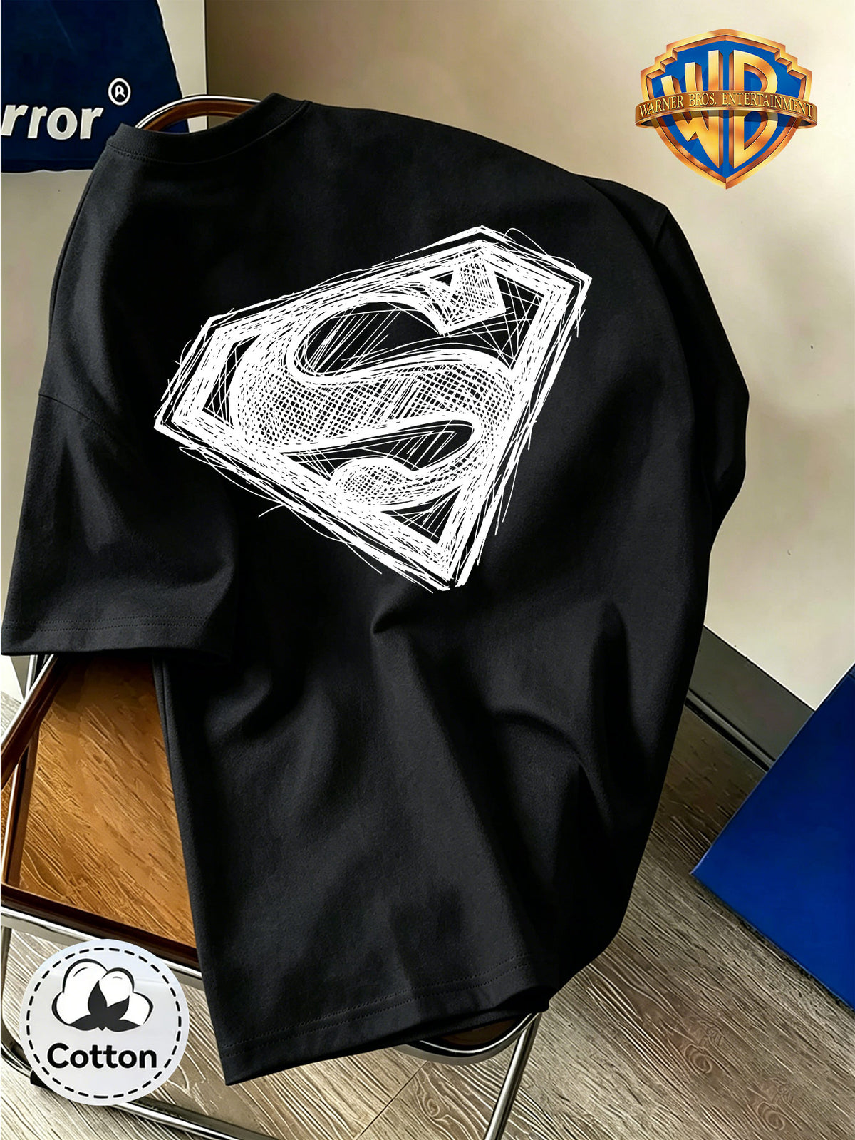 DC Superman Sketch S Logo Print 100% T-Shirt, Unisex Trendy Top, Double-Sided Print Design, Soft Fabric Material, Fashionable And Versatile Round Neck Short Sleeve Top, Designed for Men. Casual And Comfortable, Diverse Styles And Loose Fit - Black