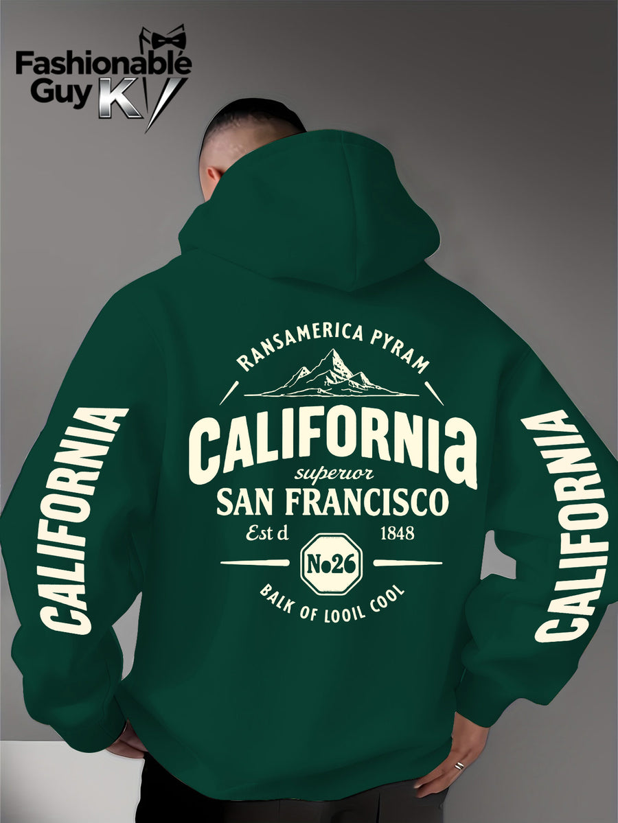 Hooded Sweatshirt with Street Culture Symbols: Featuring a "CALIFORNIA" Print That Embodies the Grandeur of the Wilderness and the Pioneering Spirit, This Sweatshirt Serves as an Exclusive Symbol for Street Culture Enthusiasts to Connect - Green