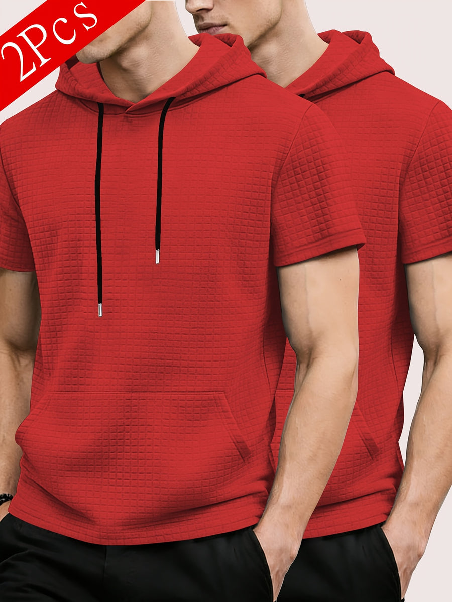 2pcs Men's Waffle Knit Short-Sleeve Hoodie with Kangaroo Pocket, Soft and Breathable Fabric, Multiple Color Options, Versatile, Simple, Stylish, and Casual for Daily Wear or Sports, a Great Choice for Holiday Gifts for Fathers, Partners, and Friends - Red+Red