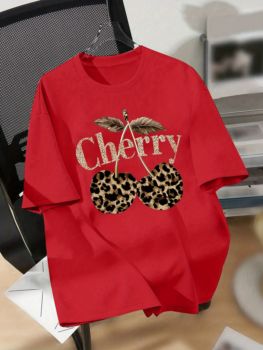 Leopard Print Cherry Pattern Casual Vintage T-Shirt, Short-Sleeve Round-Neck Top, Suitable for Autumn, Summer, And Spring, Women'S Clothing, Autumn Short-Sleeve Top, Everyday Wear - Red