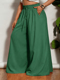 Plus Size, Plus-size Women's Casual Wide-leg Flared Pants with Pocket and Drawstring Design - Green