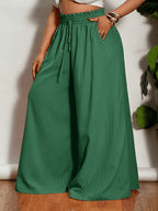 Plus Size, Plus-size Women's Casual Wide-leg Flared Pants with Pocket and Drawstring Design - Green
