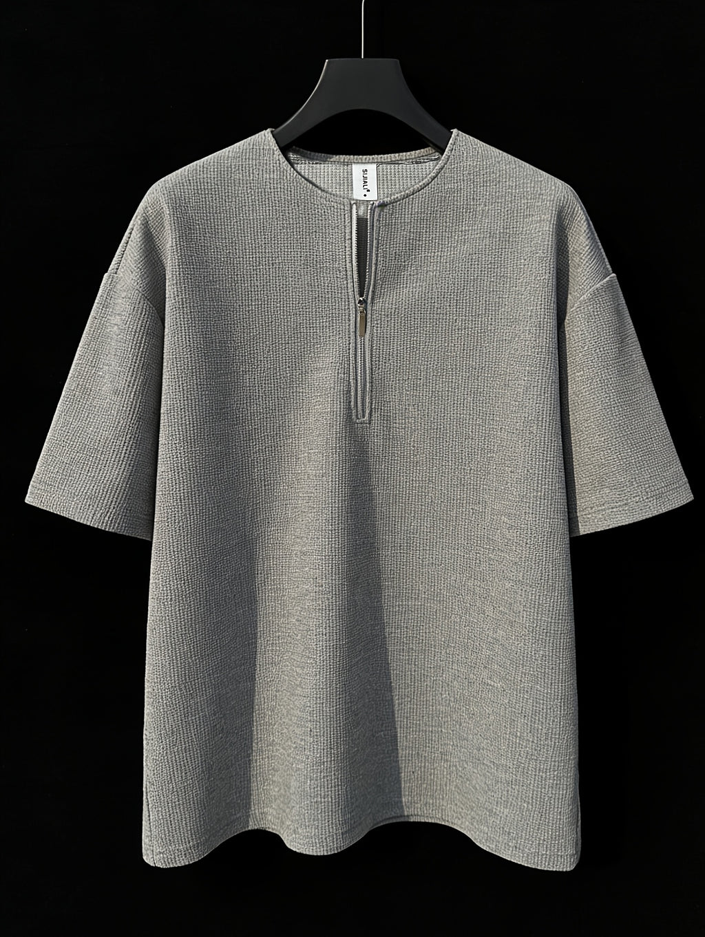 Men's Button-Up Shirt Style Pullover Half-Zip Short Sleeve American-Style Premium Waffle Casual V-Neck Summer T-Shirt Top, In Stock - Grey