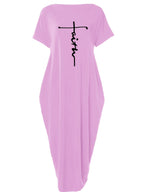 Faith Letter Off-The-Shoulder Pocket Dress Women'S Loose Casual Style Long T-Shirt Dress Features: Off-The-Shoulder Design Is Lazy And Casual, with a Easy And Eye-Catching "Faith" Letter Print on The Front; The Loose Long Style Hides Flaws And Slims - Light Purple