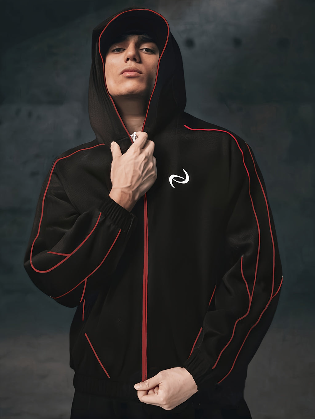 Men'S Casual Contrast Striped Jacket, Hooded Zip-Up. Comfortable Fit, Fashionable Jacket Coat - Black&Red