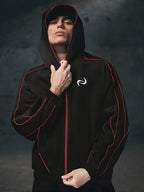Men'S Casual Contrast Striped Jacket, Hooded Zip-Up. Comfortable Fit, Fashionable Jacket Coat - Black&Red