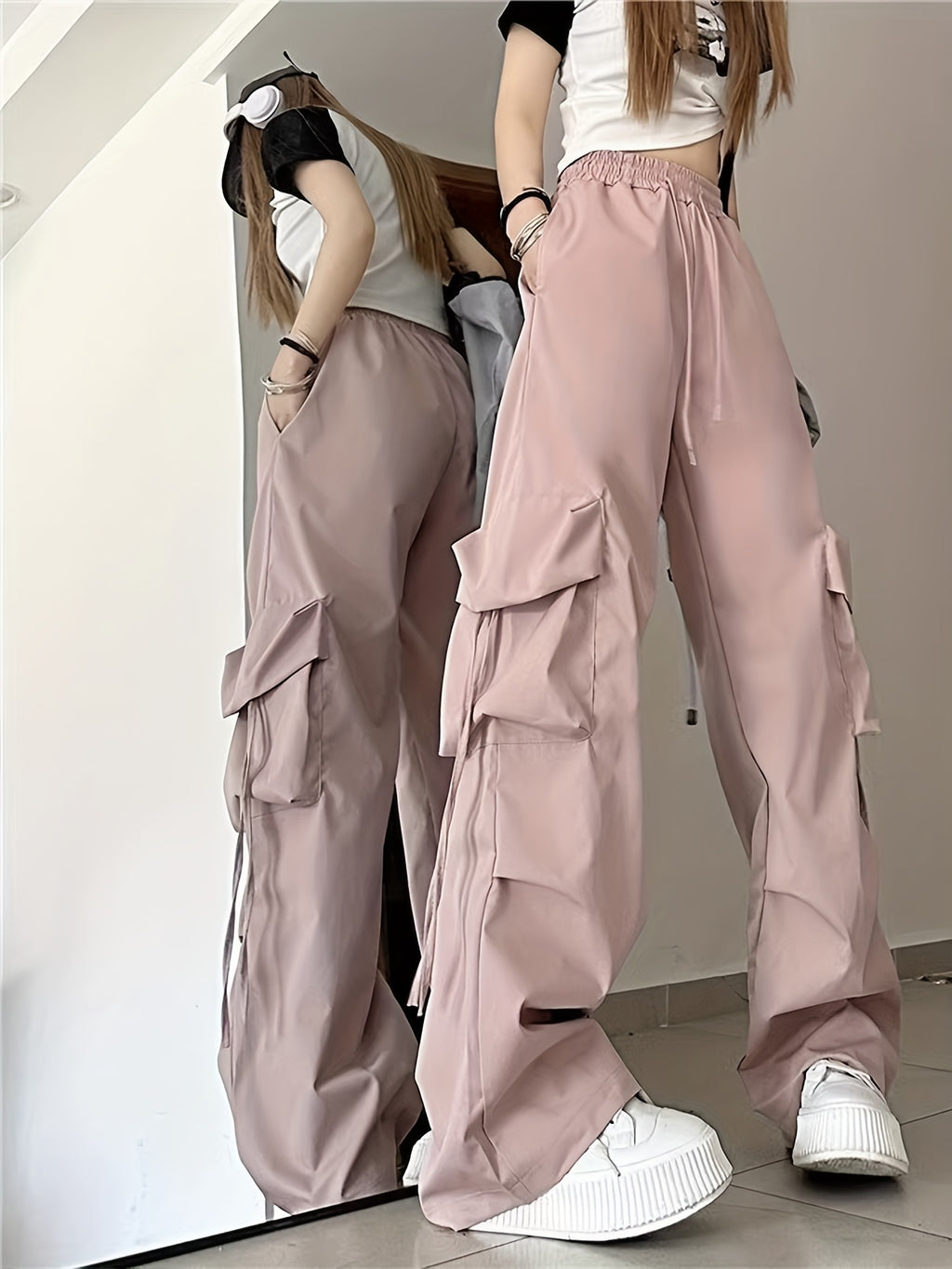 Women'S Casual Pants 2026 Summer New Straight-Leg Drape Wide-Leg Cargo Pants High-Waisted Trousers - Pink Color
