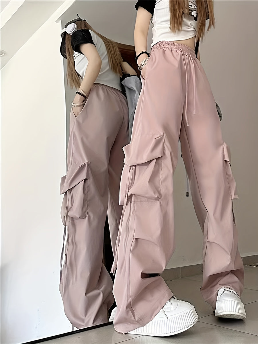 Women'S Casual Pants 2026 Summer New Straight-Leg Drape Wide-Leg Cargo Pants High-Waisted Trousers - Pink Color