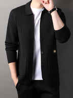 Du Jing Lan OBM Spring/Summer New Arrival Men's Knitted Cardigan, Old Money Style Solid Color Lapel Long Sleeve Open Front Knit Cardigan, Men's Business Casual Fashion Single-Breasted Ribbed Sweater Jacket with Side Pockets, Suitable for Layering - Black