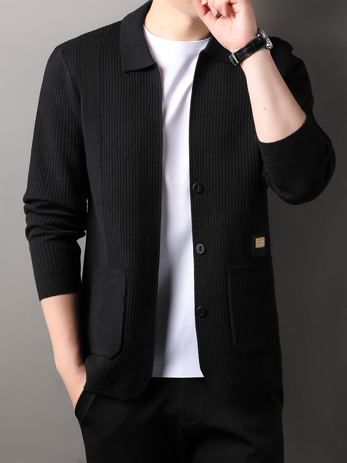 Du Jing Lan OBM Spring/Summer New Arrival Men's Knitted Cardigan, Old Money Style Solid Color Lapel Long Sleeve Open Front Knit Cardigan, Men's Business Casual Fashion Single-Breasted Ribbed Sweater Jacket with Side Pockets, Suitable for Layering - Black