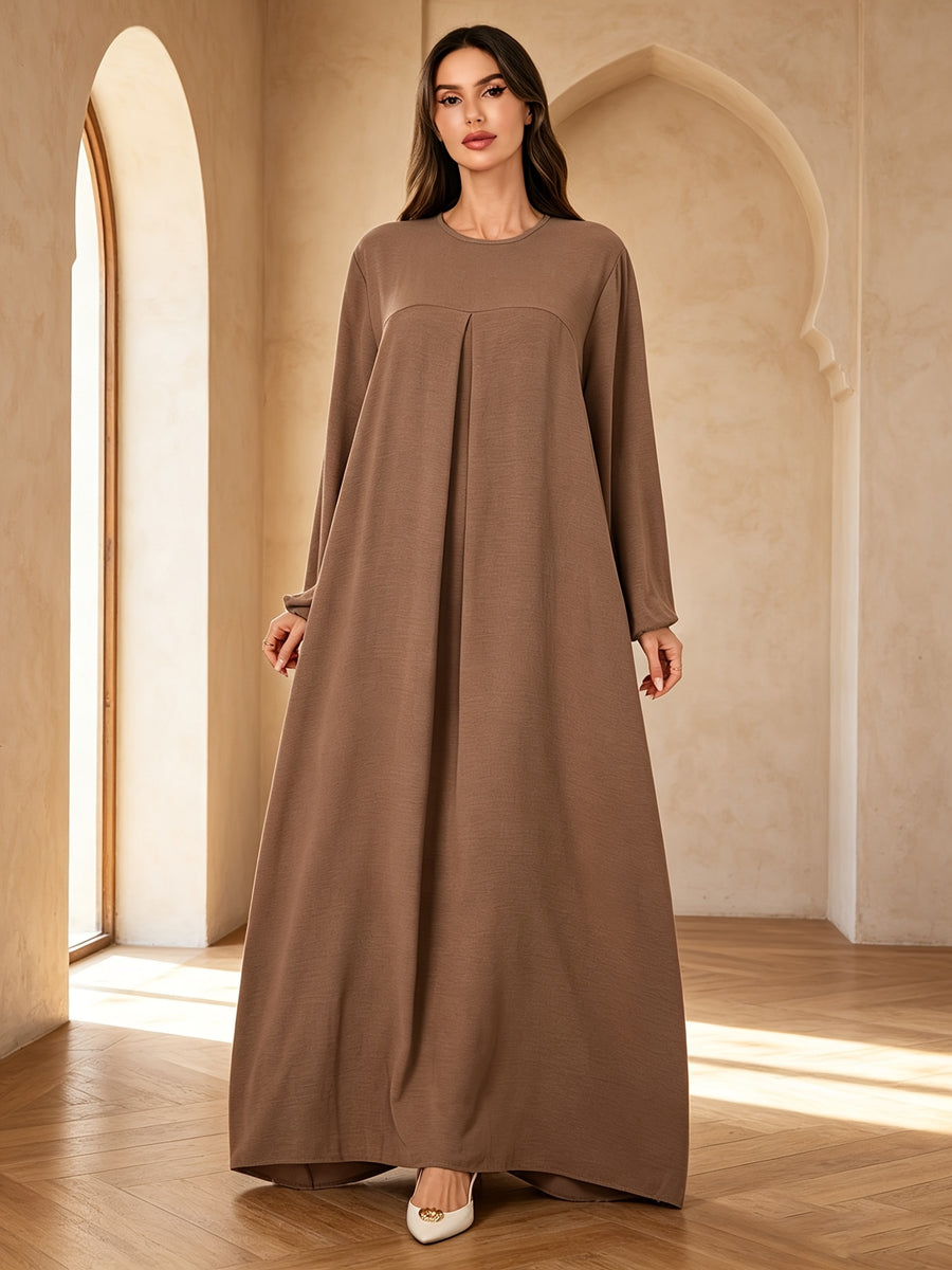 1pc Elegant Holiday Style Loose Wrinkled Versatile Solid Color Suitable for Daily Wear Comfortable Casual Loose Comfortable Women'S Abaya Dress. Abayas for Women Dubai Long Dresses for Women Abaya Damen Ladies Abaya Robe Long Sleeve Women - Khaki