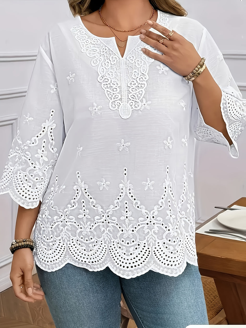 Elegant V-Neck Shirt with Floral Lace Texture | Formal And Casual Wear, Suitable for Spring/Summer/Fall - White