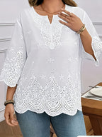 Elegant V-Neck Shirt with Floral Lace Texture | Formal And Casual Wear, Suitable for Spring/Summer/Fall - White