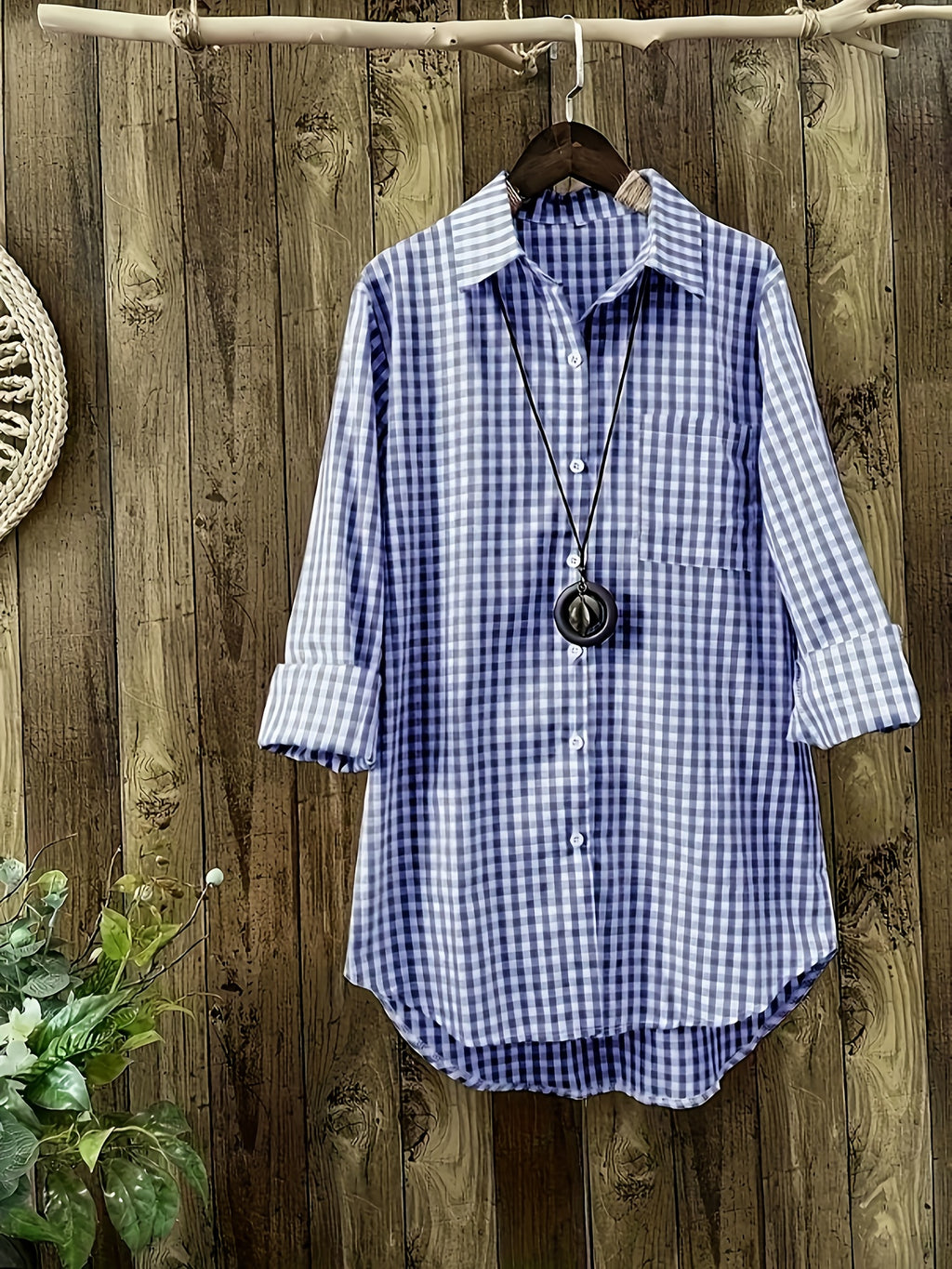 Women'S Spring Summer Casual Retro Commuter Long Sleeve Plaid Shirt - Blue
