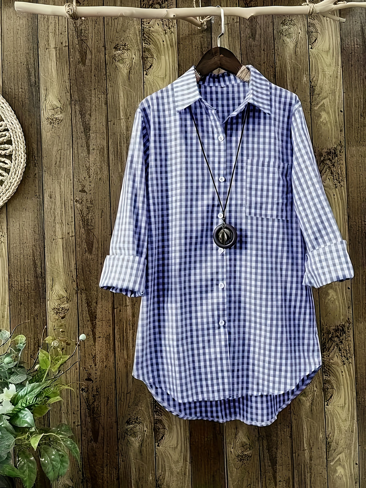 Women'S Spring Summer Casual Retro Commuter Long Sleeve Plaid Shirt - Blue