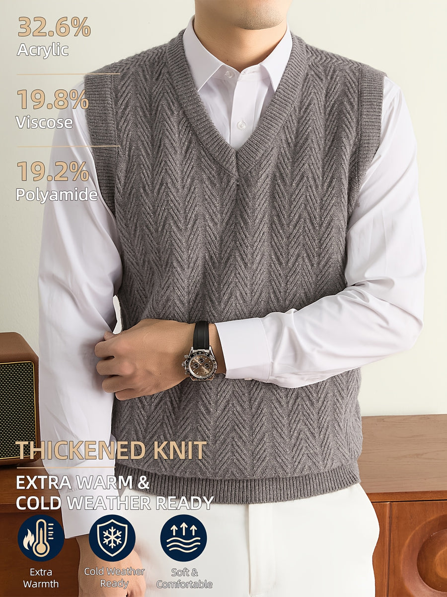 Men's Autumn & Winter Knitted Sweater Vest, Classic V-Neck with Raised Herringbone Texture, Thick & Warm, Timeless Refined Style for Work, Casual Wear, Outdoor Activities & Camping, Ideal Gift for Dad or Husband - Medium Gray
