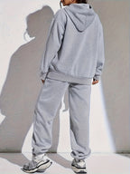 Autumn Winter Trendy Fashion Hooded Drawstring Sweatshirt And Sweatpants Women'S Set, Letter Print, Minimalist Light Luxury Style, Hooded Drawstring Design, Sweatshirt with Kangaroo Pocket, Comfortable Cold Weather Outfit, Classic Silhouette - Light Grey