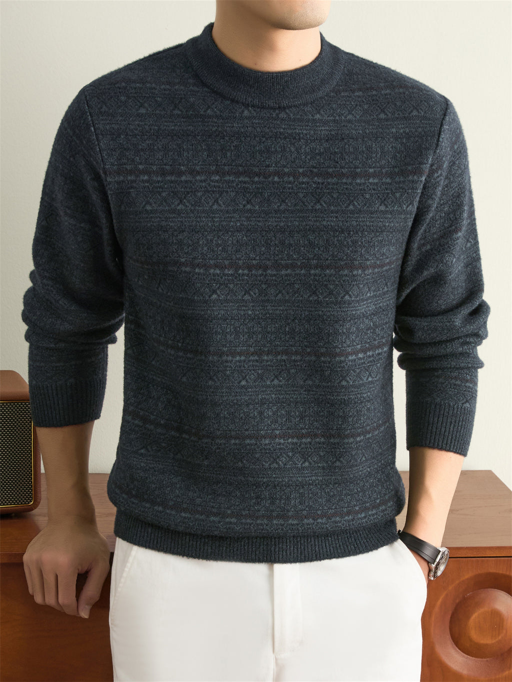 Autumn Winter Knit 3D Solid Round Neck Sweater, Basic Knit Pullover Top for Men, Fashionable Long Sleeve Sweater, Size Y - Deep Gray
