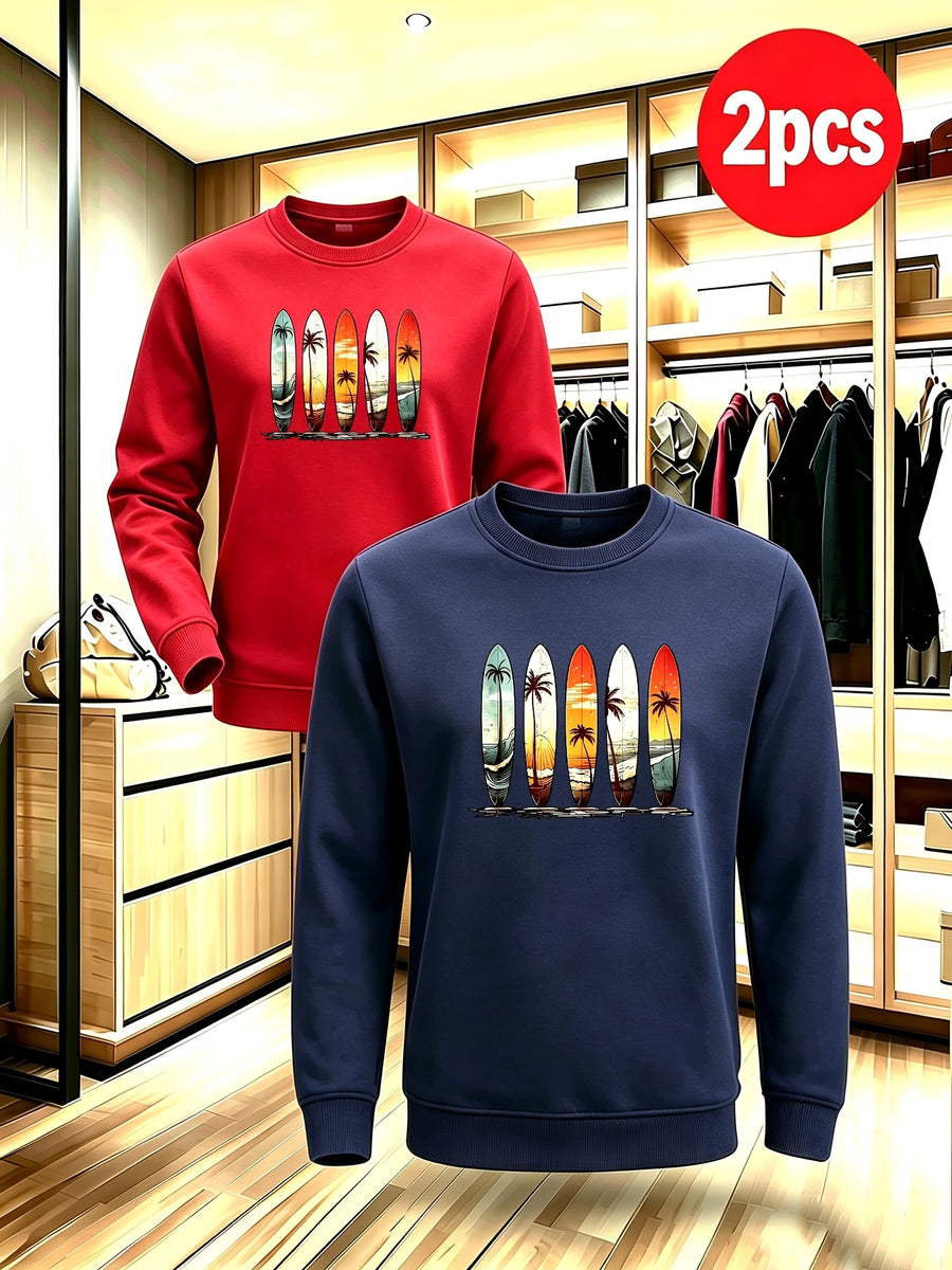 2pcs Men'S Fall Winter Thick Fleece Lined Crewneck Pullover, Retro Beach Surfboard Tree Sunset Graphic, Versatile Warm Long Sleeve Top, Daily Commute, Outdoor Activity, Street Style, Friend Meetup - Red+Navy Blue