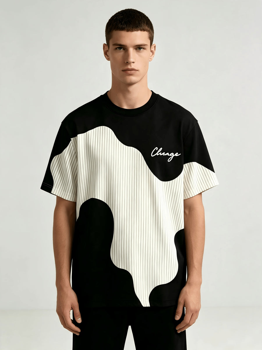 Men'S Casual Round Neck T-Shirt, Geometric Pattern Patchwork Striped Design, Chicago Word Pattern, Drapey Fashion Top, All-Season Wear, Breathable Regular Fit for Casual And Formal Outfits - Round Neck Casual Top - Black And White