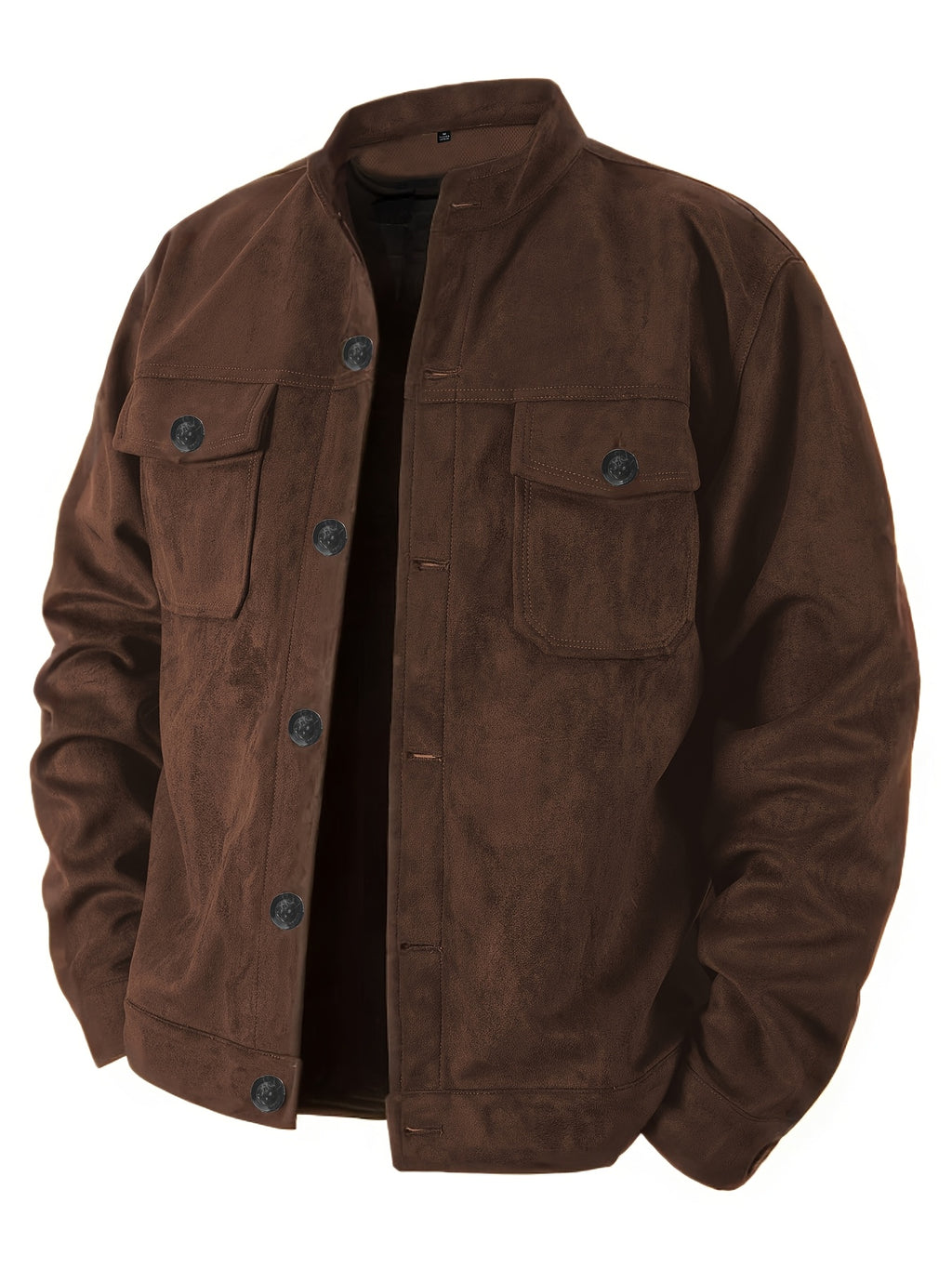 Men'S Casual Jacket with Pockets, Versatile Long-Sleeved Stand Collar Button Coat, Transitional Outerwear - Coffee Color