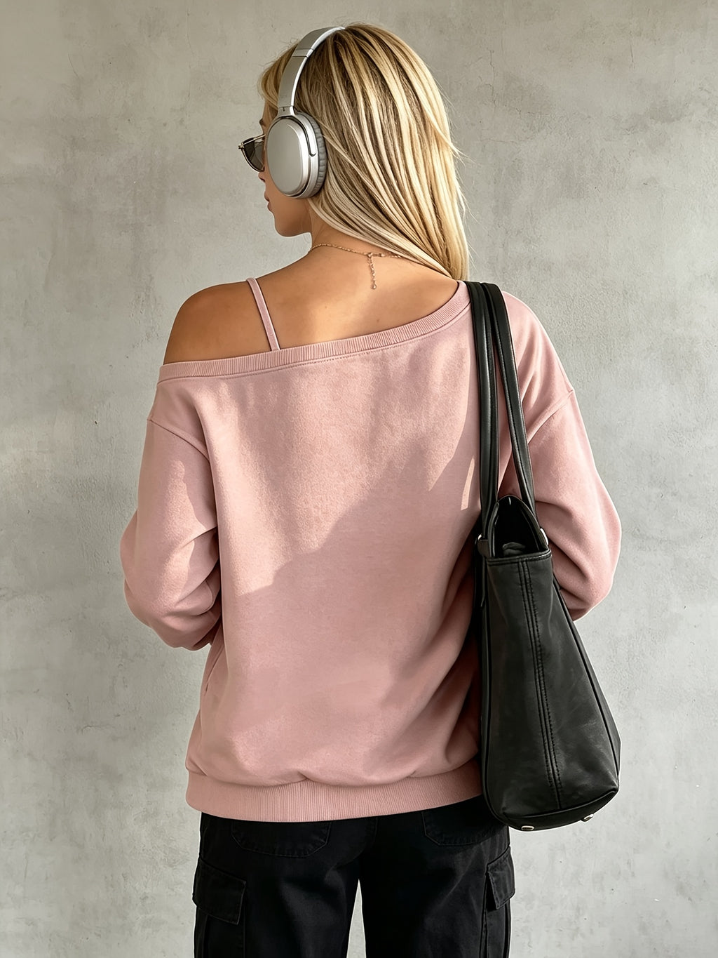 Autumn Women'S Off-Shoulder Fashion Sweatshirt with Bow Detail, Long Sleeve, Casual Streetwear - Pink Color