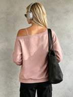 Autumn Women'S Off-Shoulder Fashion Sweatshirt with Bow Detail, Long Sleeve, Casual Streetwear - Pink Color